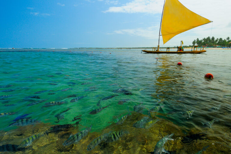 Natural pools with tourists taking raft trips at Porto de Galinhas Beach, Ipojuca, near Recife, Pernambuco State, Brazil on October 2, 2008