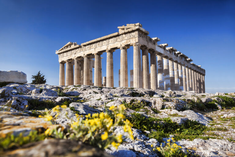 Parthenon,Temple,With,Spring,Flowers,On,The,Acropolis,In,Athens,