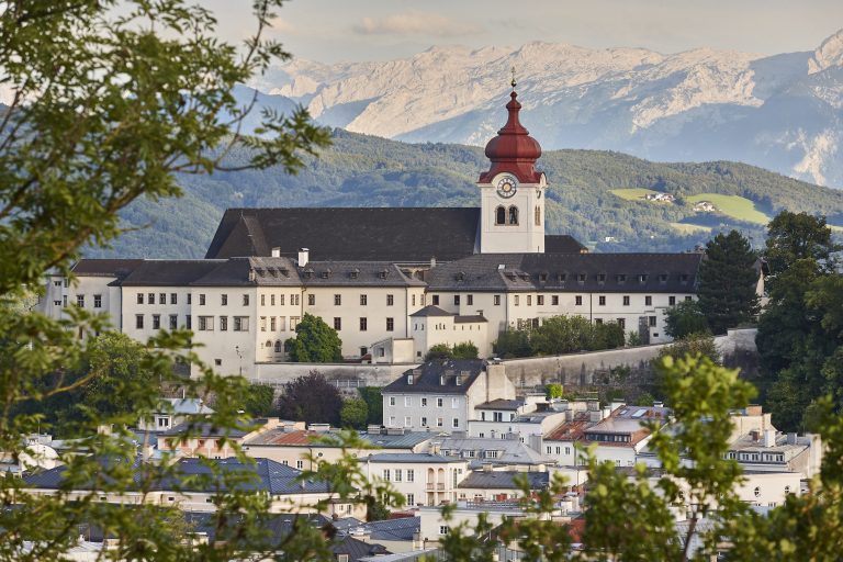 Nonnberg abbey and alpine range in Salzburg. Travel destination