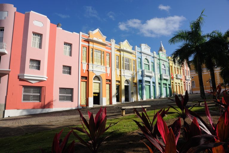 Old and colorful buildings in the historic center of João Pessoa, State of Paraíba, Brazil, on August 23, 2012